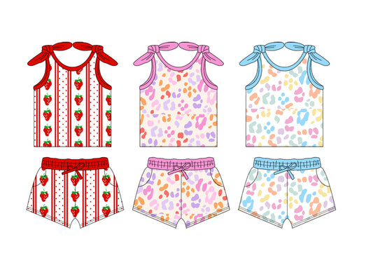 Baby Girls Blue Bows Strap Colorful Leopard Top Pocket Shorts Set