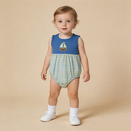 SR3892 RTS NO MOQ （In stock）Sleeveless boat embroidery stripe baby boy romper