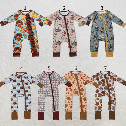 RTS Sibling Sibling milk silk Baby Cute Autumn Turkey Zipper Long Sleeve Rompers