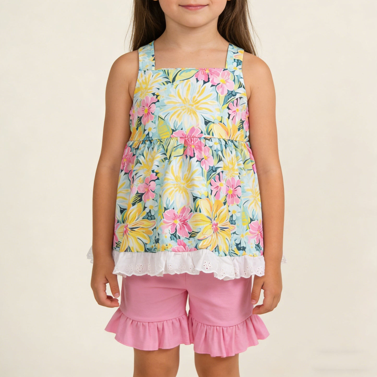 4.3 GSSO3034 RTS NO MOQ （In stock ）Sleeveless floral tunic pink ruffle shorts girls outfits