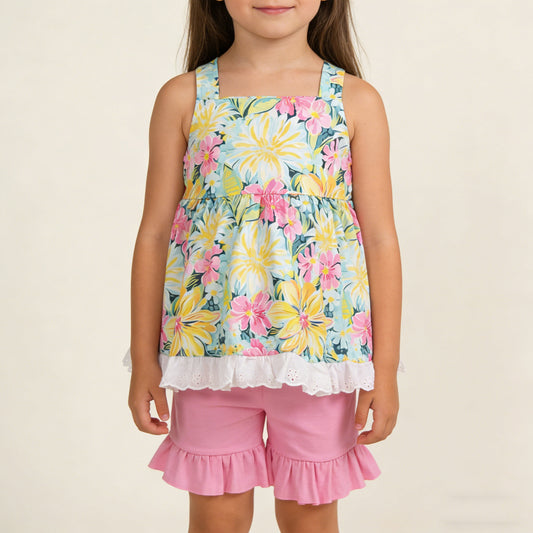 4.3 GSSO3034 RTS NO MOQ （In stock ）Sleeveless floral tunic pink ruffle shorts girls outfits