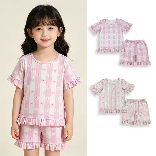 4.10 RTS Sibling Short sleeves goose bow floral top shorts girls outfits