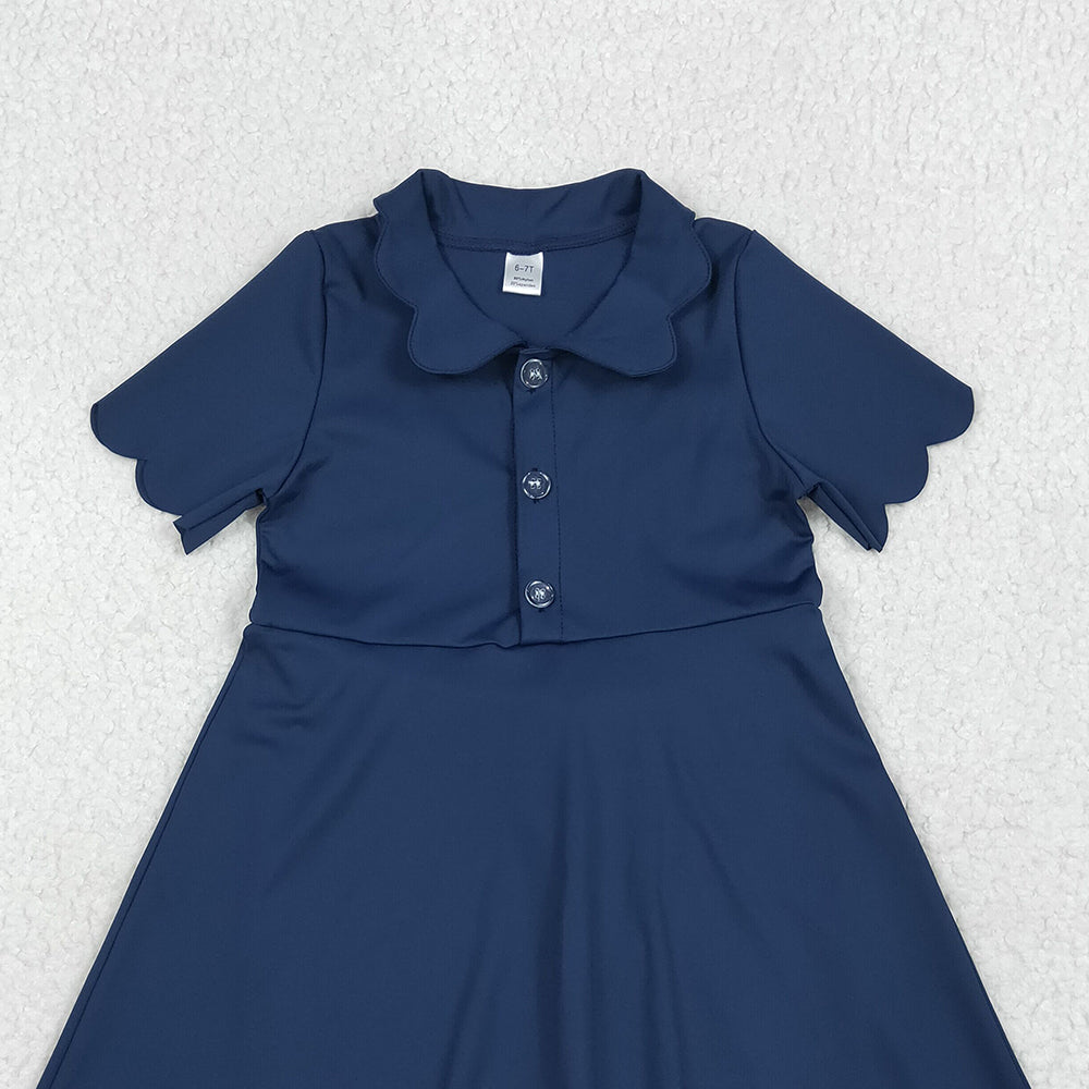 7.02 GSD2487RTS NO MOQ Baby Girls Summer Yoga Dress Baby Girls Navy Short Sleeves Button Yoga Knee Length Dresses