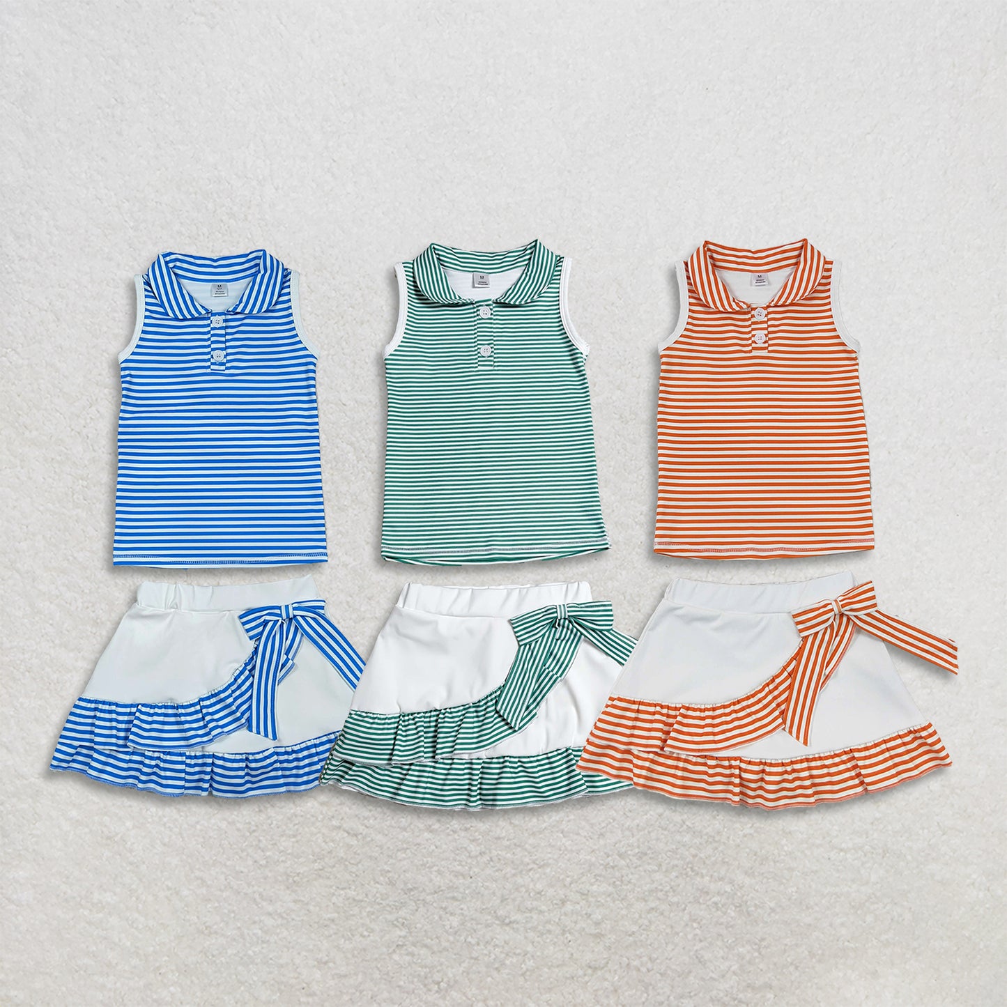 RTS Sibling Baby Girls Stripe Button Top Ruffle Skirt Shorts Yoga Active Clothes Sets