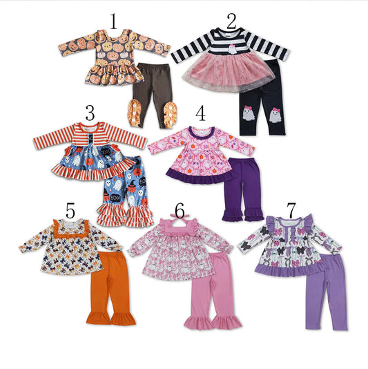 10.2 RTS Sibling Baby Girls Long Sleeves Ghosts Bows Tunic Pants Halloween Clothes Sets