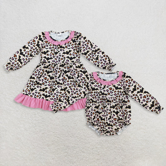 RTS Sibling Baby Girls Long Sleeve Leopard Bat Ruffle Halloween Costume Dress rompers