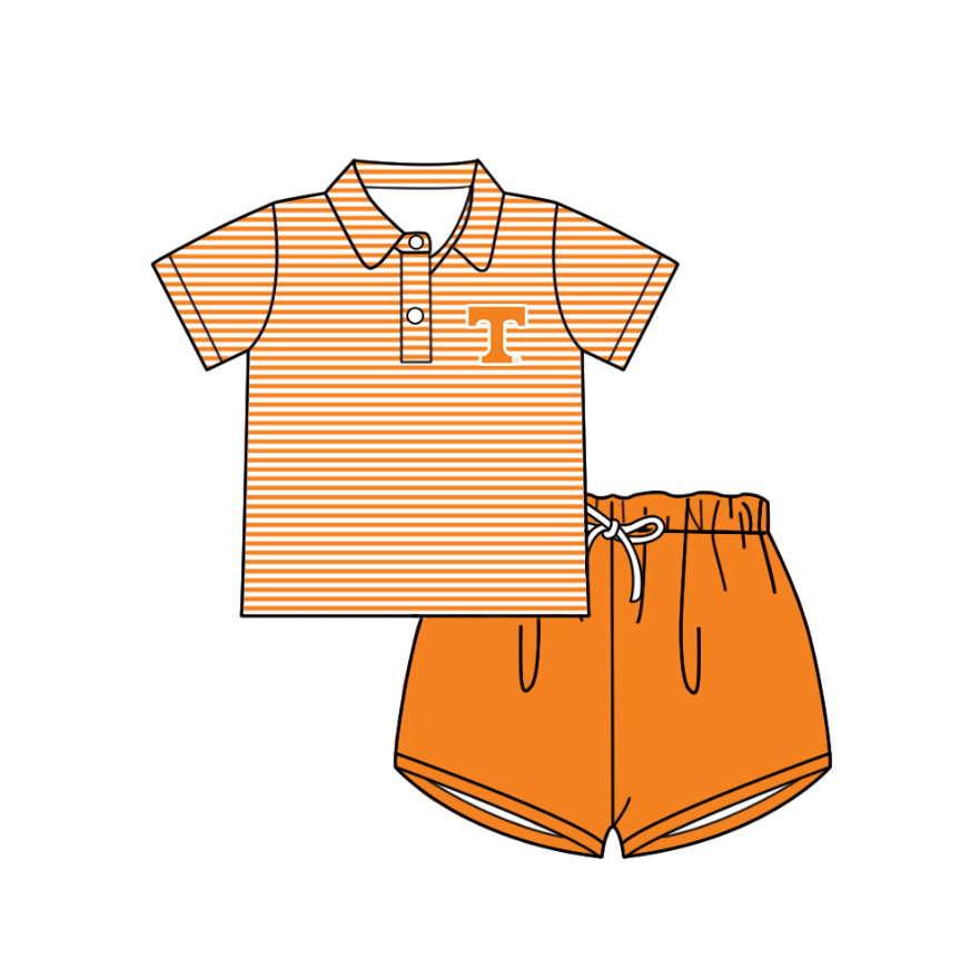 3.6 CUSTOM MOQ 5 Baby Kids Summer Cute Fashion Orange Stripe T Top Shorts Clothes Sets