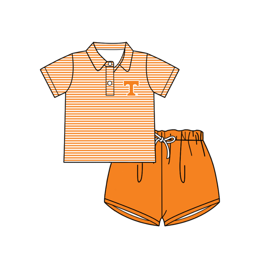 3.6 CUSTOM MOQ 5 Baby Kids Summer Cute Fashion Orange Stripe T Top Shorts Clothes Sets