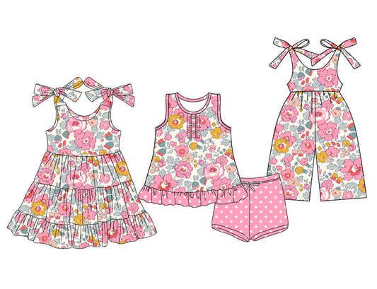 5.01 pre order Girls Sleeveless Floral Top with Polka Dots Matching Shorts Set Cute Spring/Summer Outfit for Kids