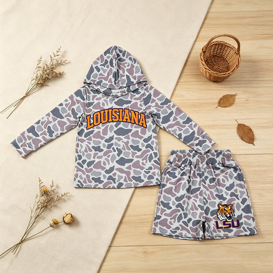 RTS NO MOQ milk silk BLS0045 Baby Boys Light Grey Camo Louisiana Long Sleeve Hoodie Short Team Clothes Set