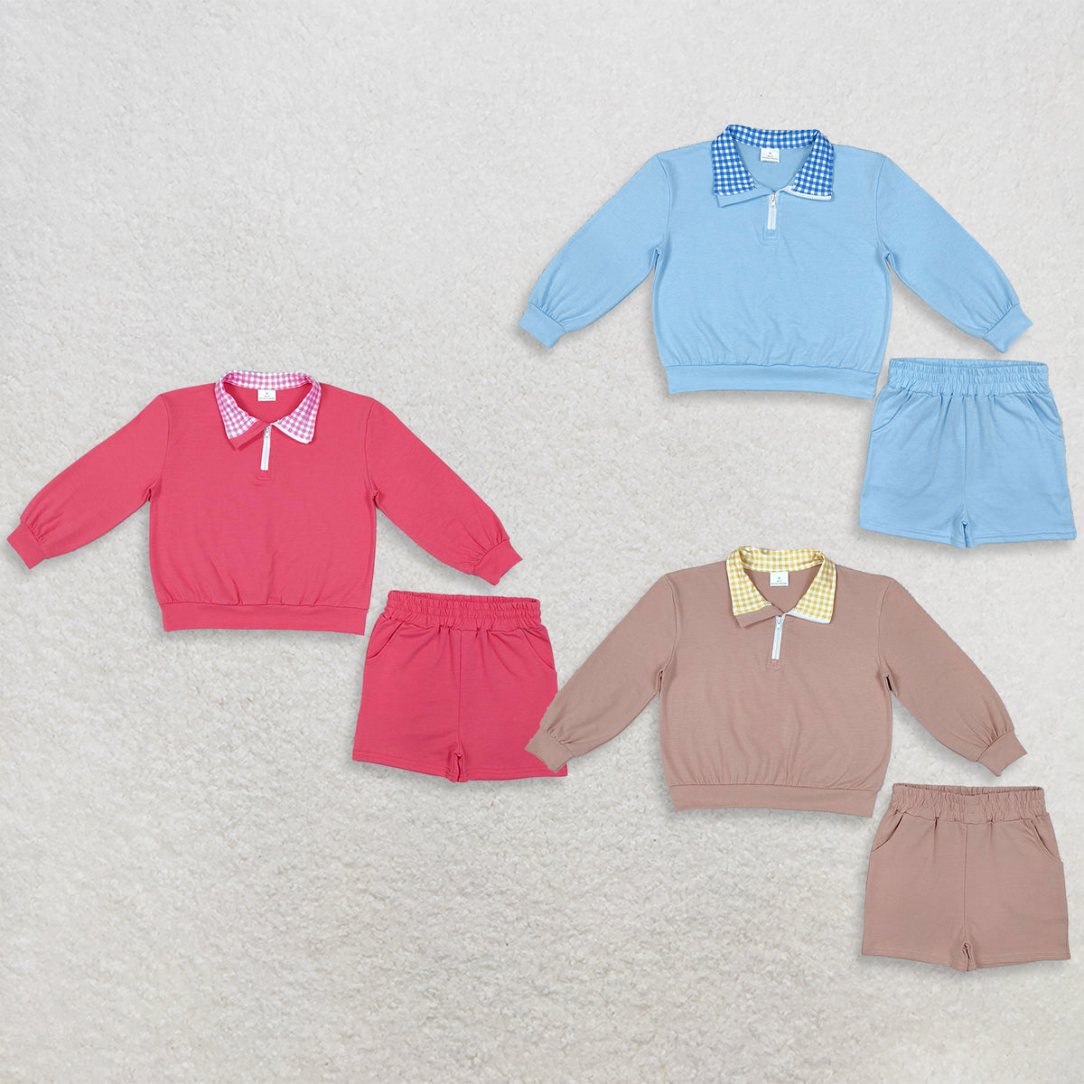 RTS NO MOQ Sibling cotton Baby Girls Solid Color Gingham Collar Half Zip Long Sleeve Top Short Pant Clothes Set