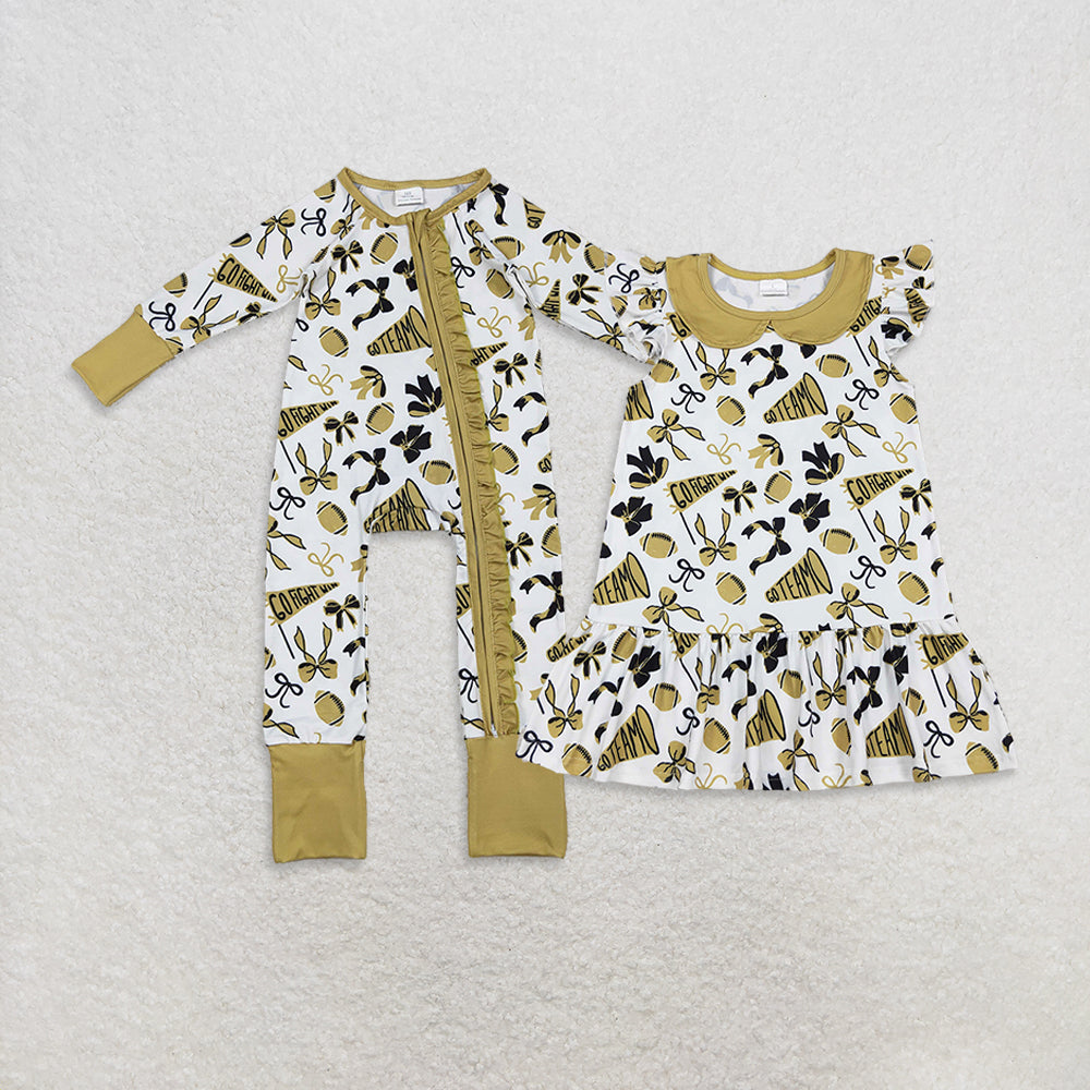 RTS Sibling Baby Girls Long Sleeve Bow Ruffle Football Team Zipper Romper Dress for Toddlers