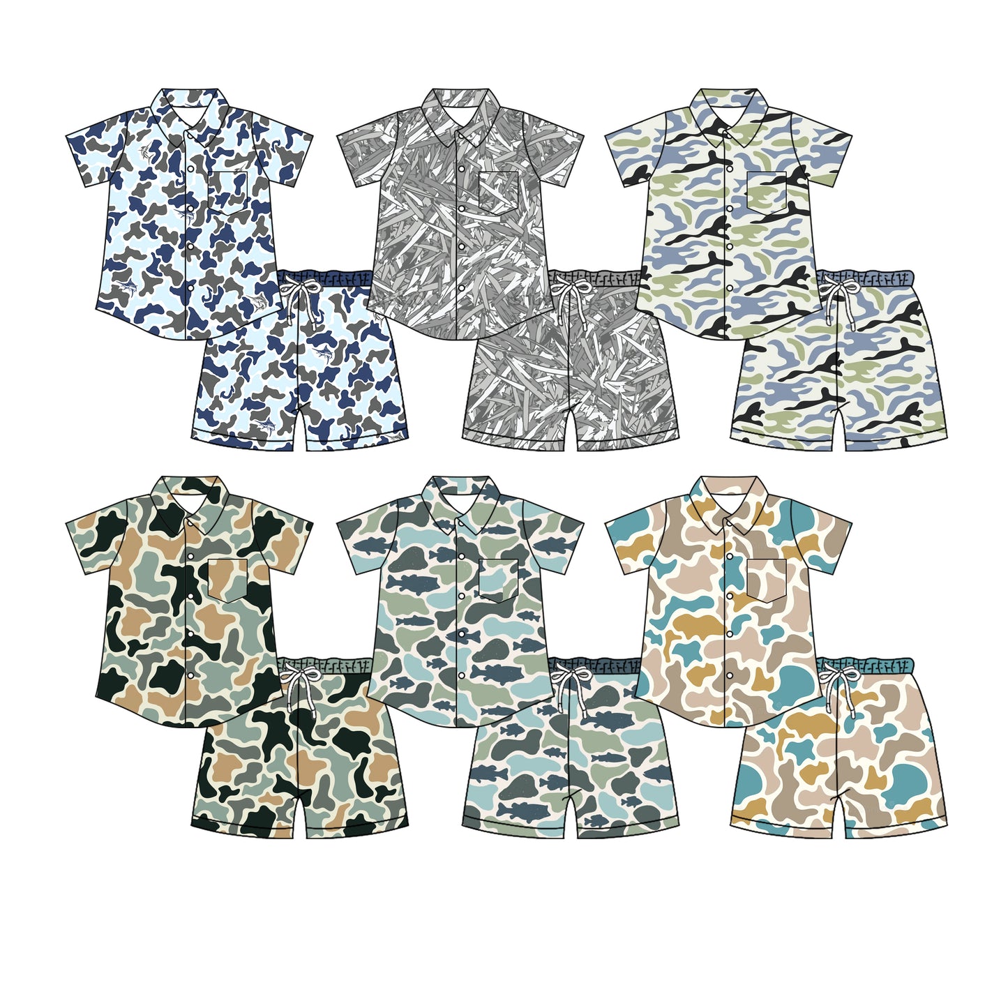 4.8 Pre order No Moq Baby Boys Southern Camo Sharks Button Pocket Top Short Hunting Clothes Set