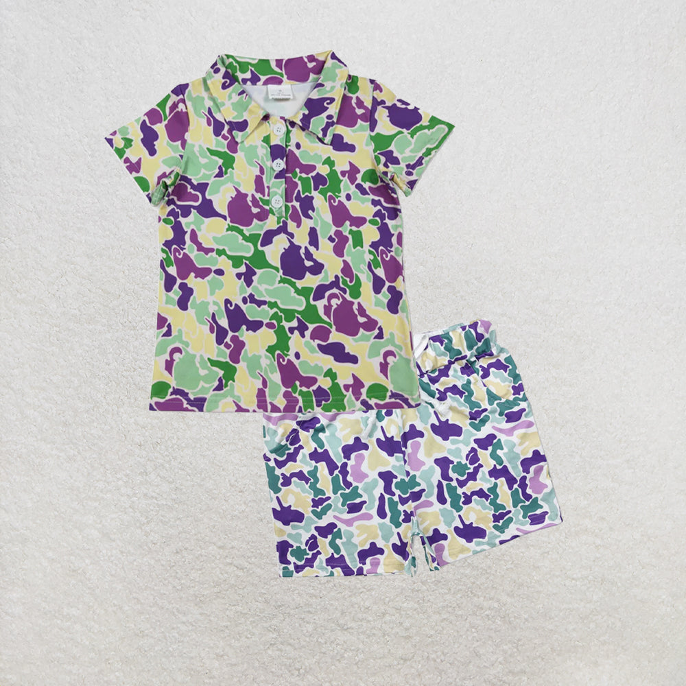 5.13 RTS NO MOQ （In stock）BT1345+SS0433 Purple green yellow camo kids boys mardi gras polo shirt outfits