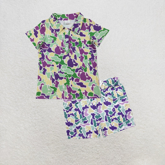 5.13 RTS NO MOQ （In stock）BT1345+SS0433 Purple green yellow camo kids boys mardi gras polo shirt outfits