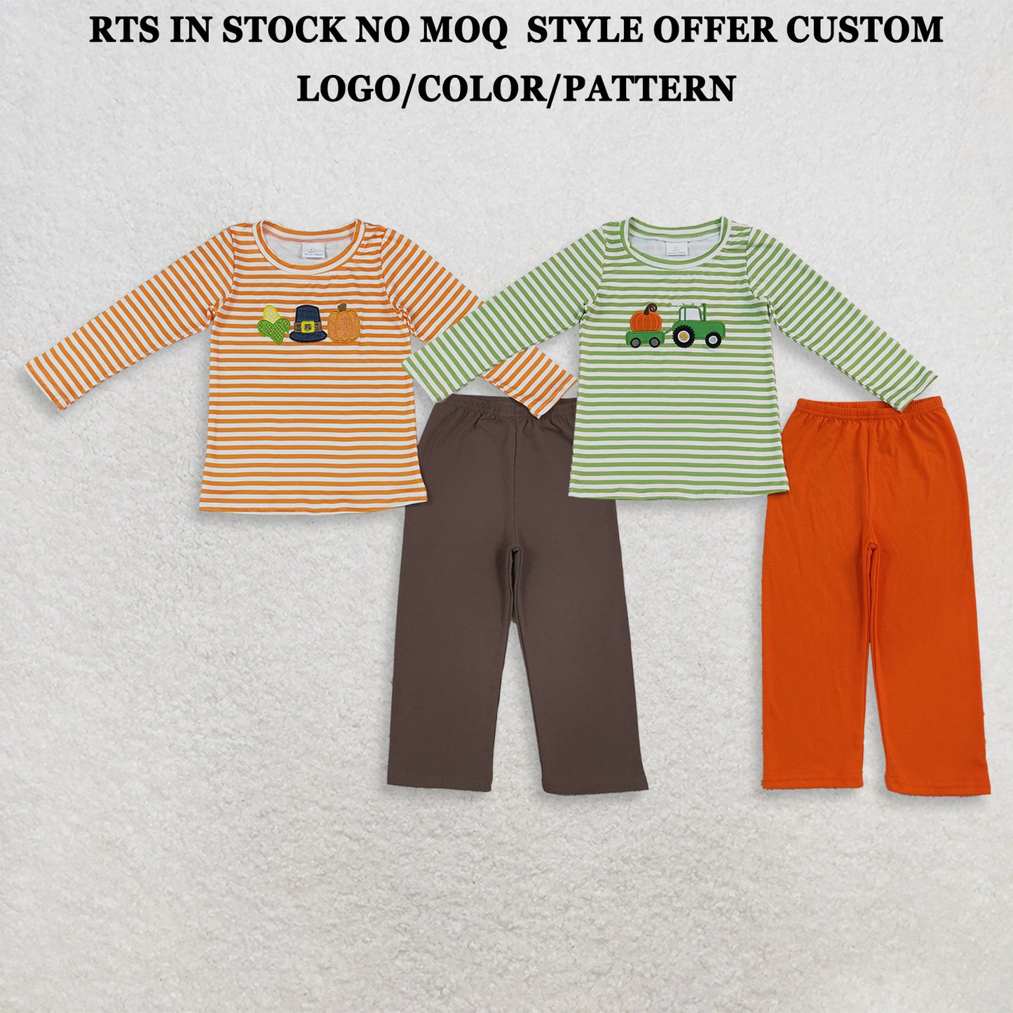 RTS NO MOQ Sibling milk silk Embroidery Pumpkin Truck Baby Boys Stripe Top Pant Fall Clothes Sets Long Sleeve Casual Outfit