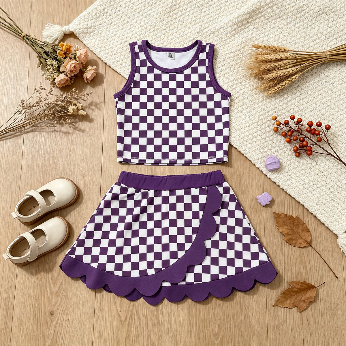 GSD4251 RTS NO MOQ （In stock） Yoga Baby Girls Purple Plaid Scallop Trim Vest Skort Daily Sports Active Set