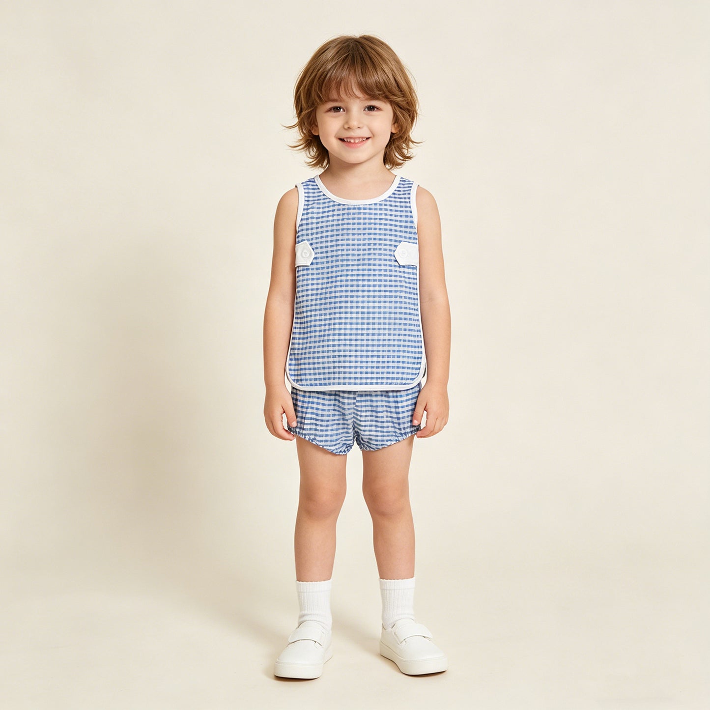 GBO0531 RTS NO MOQ （In stock）Sleeveless top light blue plaid bummies baby girls set