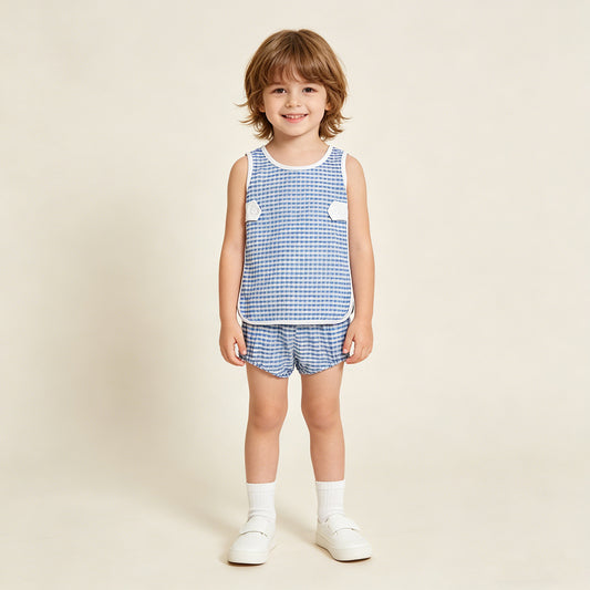 GBO0531 RTS NO MOQ （In stock）Sleeveless top light blue plaid bummies baby girls set