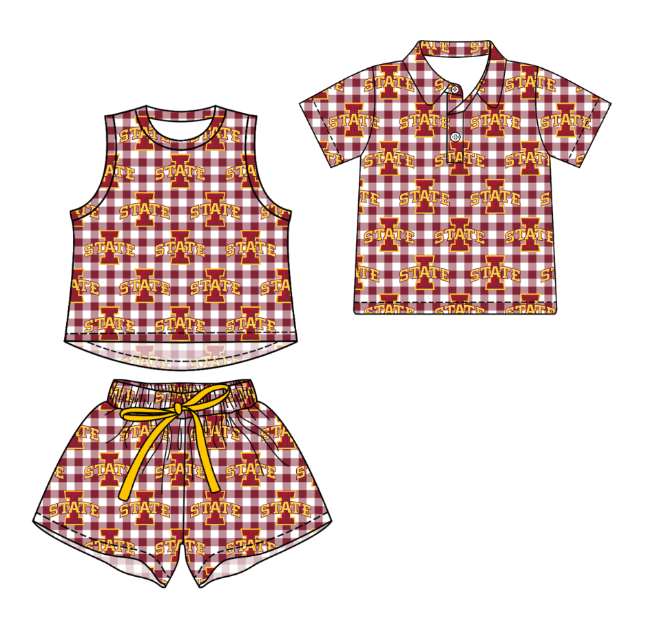 3.14 CUSTOM MOQ 5 Sibling Boys Baby Girls Summer Fashion Red Check Sleeveless Top Shorts Button Polo Shirts Team Clothes Sets