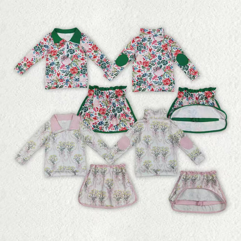 9.23 RTS Sibling Baby Girls Spring Flowers Zipper Top Ruffle Skirt Shorts Clothes Sets