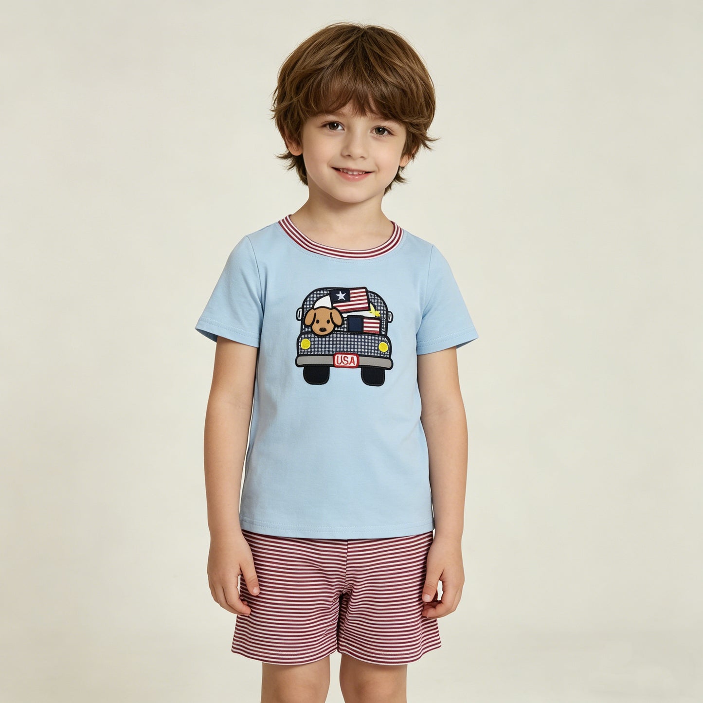 BSSO1918 RTS NO MOQ （In stock ）Dog flag truck embroidery kids boys 4th of july outfits