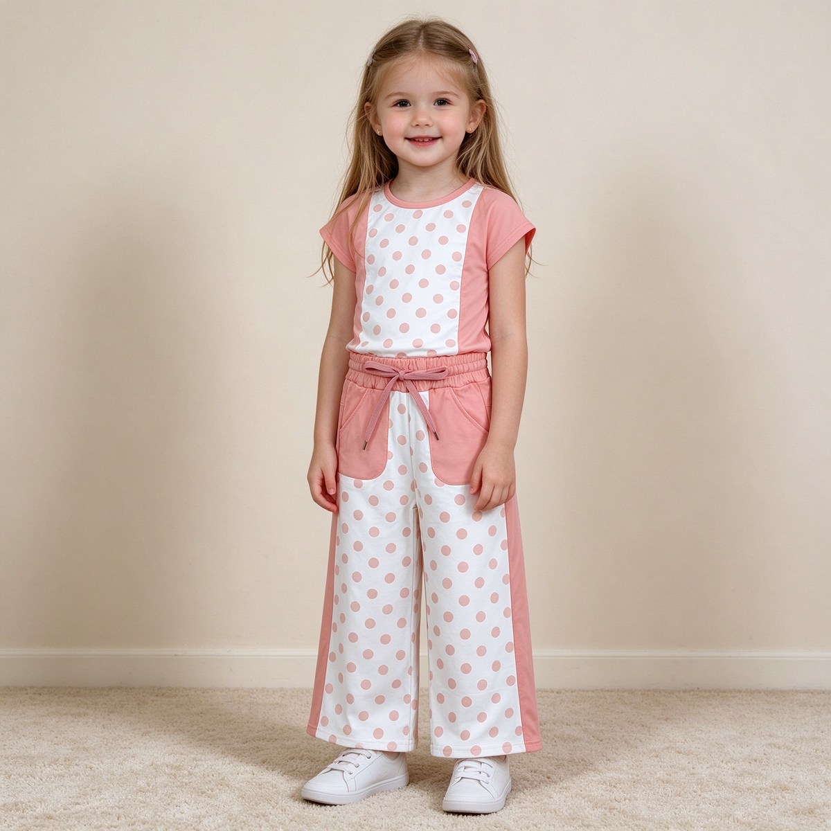 RTS NO MOQ （In stock）yoga fabric cotton GSPO2333 Baby Girls Peach Polka Dots Top Pockets Flare Pant Clothes Sets