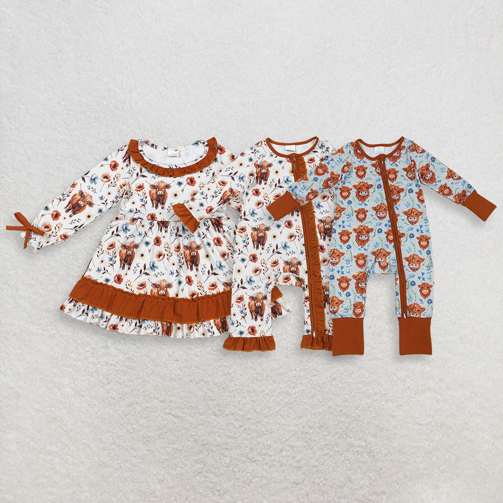4.8 RTS Sibling Sibling Baby Girls Highland Cows Flowers Ruffle Collar Western Knee Length Dresses Zipper Rompers