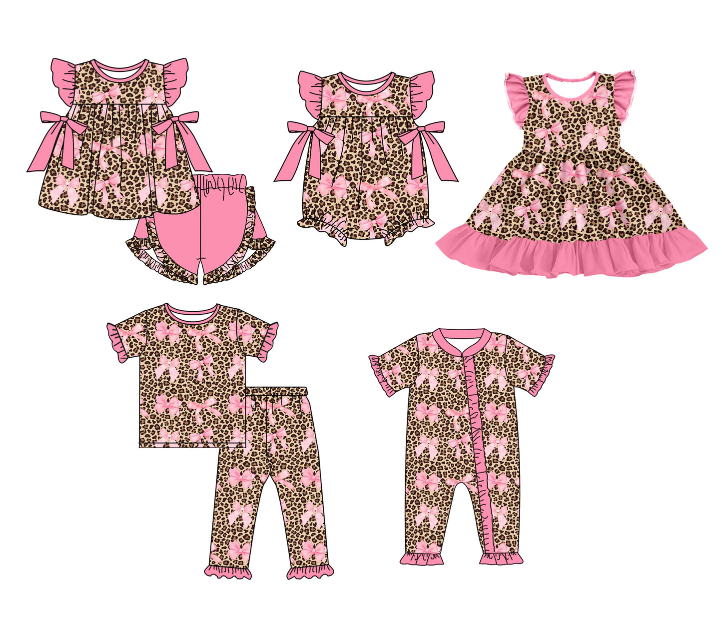 Baby Girls Leopard Pink Bow Zipper Bodysuit - Short Sleeve Shorts Set - Dress and Short Sleeve Long Pants Set Mixed Sizes Pre-Order