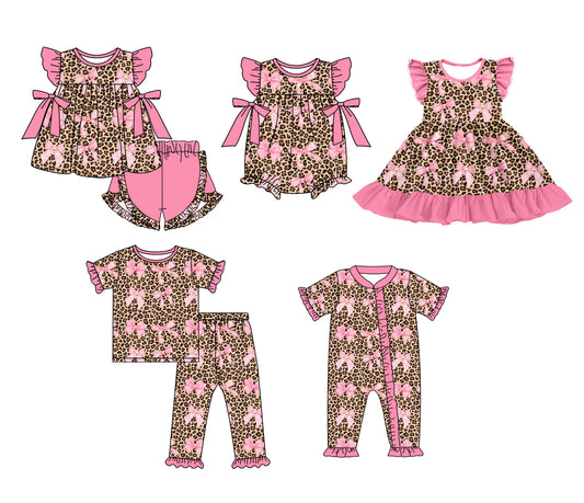 Baby Girls Leopard Pink Bow Zipper Bodysuit - Short Sleeve Shorts Set - Dress and Short Sleeve Long Pants Set Mixed Sizes Pre-Order