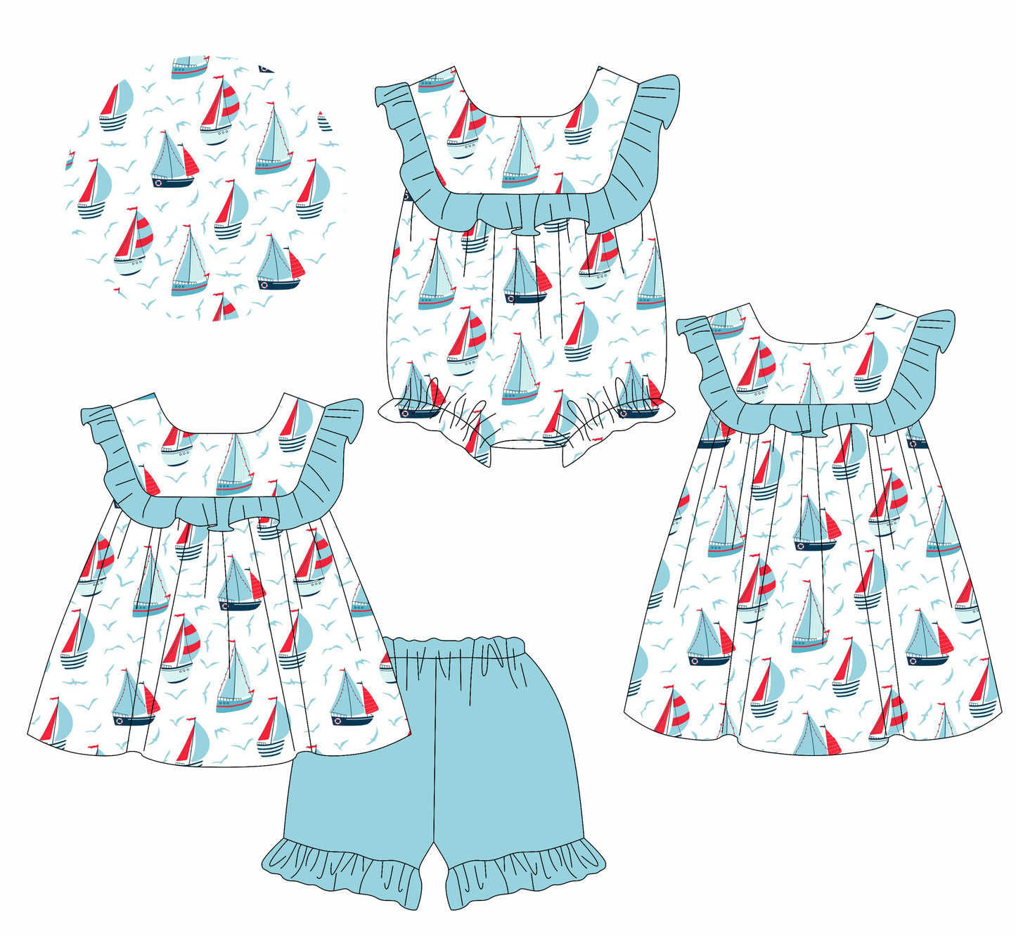 Girls Light Blue Ruffle Boat Tunic Short Set Summer Clothing Set Cute Flounce Top Matching Shorts for Little Girls