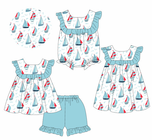 Girls Light Blue Ruffle Boat Tunic Short Set Summer Clothing Set Cute Flounce Top Matching Shorts for Little Girls