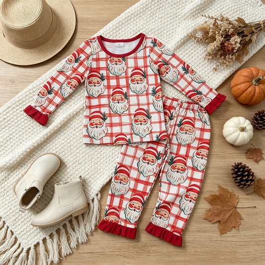 RTS NO MOQ （In stock）milk silk GLP3542 Baby Girls Red Checked Santa Top Ruffle Pants Christmas Pajamas Set