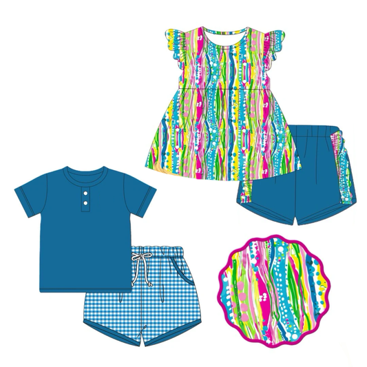 Baby Girls Flutter Sleeves Colorful Stripe Tunic Navy Ruffle Shorts Set