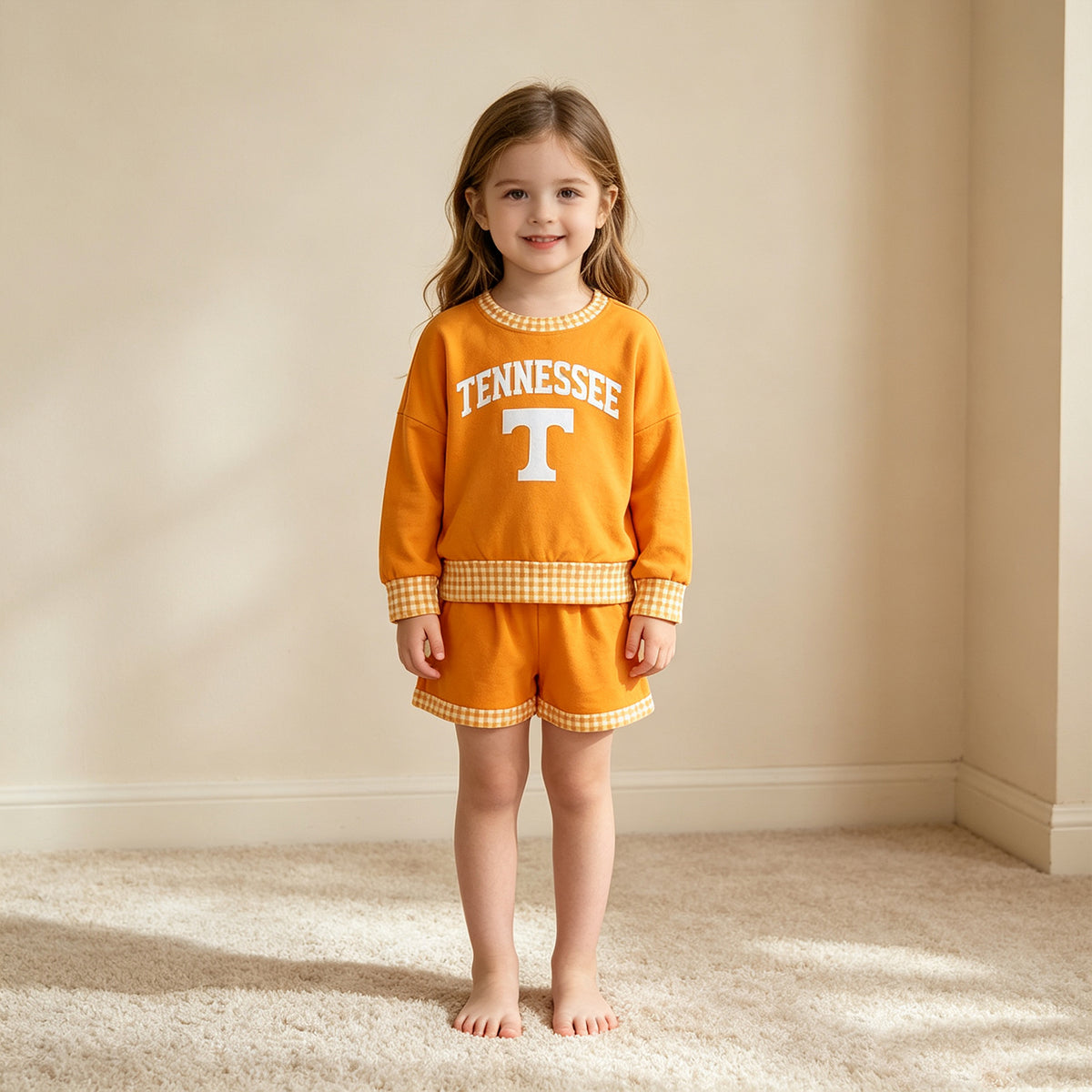 RTS NO MOQ （In stock） GLS0163 Baby Girls Vinyl Tennessee Long Sleeve Top Pockets Short Team Clothes Set