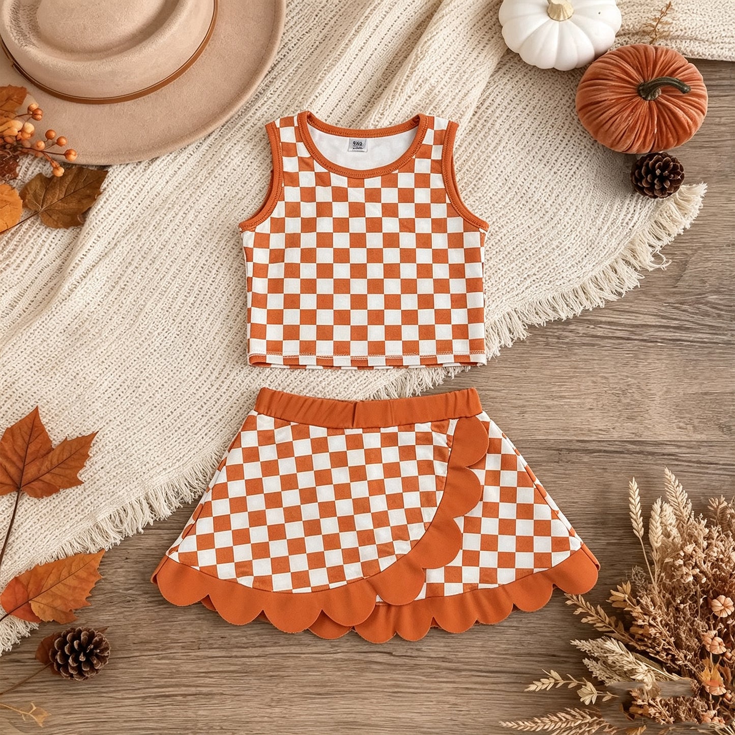 GSD4252 Sample No Moq Baby Girls Orange Checked Vest Scallop Skirt Short Yoga Active Clothes Set