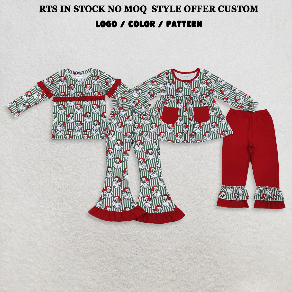 RTS NO MOQ Sibling milk silk Baby Girls Santa Christmas Tree Print Long Sleeve Top And Flare Pants Set