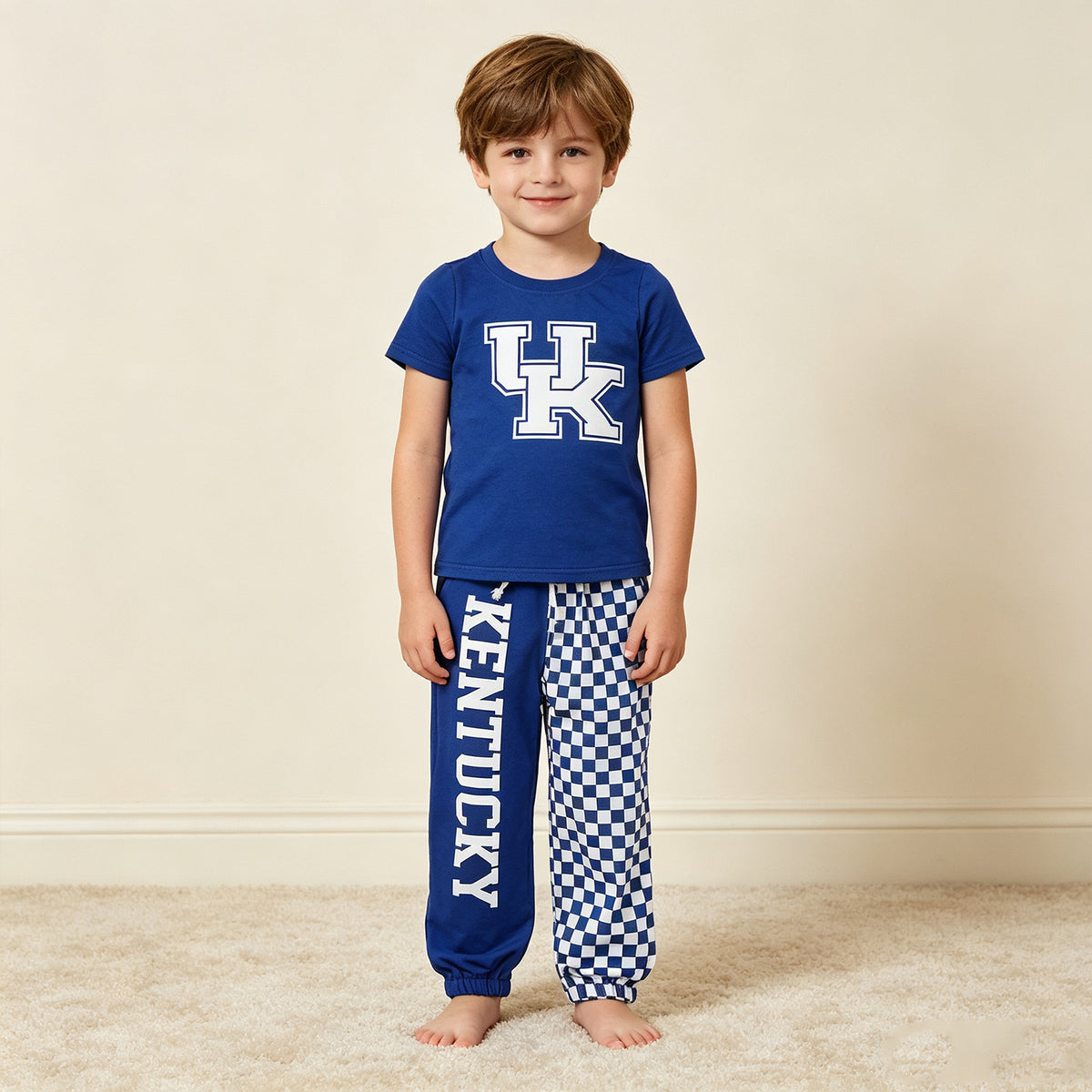 RTS NO MOQ （In stock）milk silk BSPO0696（BT1882+P1059）Baby Boys Hot Blue Print T Shirt Top With Pockets Matching Joggers Two Piece Team Clothes Set