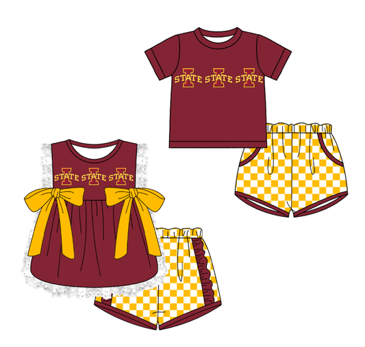 CUSTOM MOQ 5 Cute Comfortable Clothing For Kids Sibling Boys Baby Girls Summer Red Bow Top Yellow Checked Shorts Team Clothes Sets