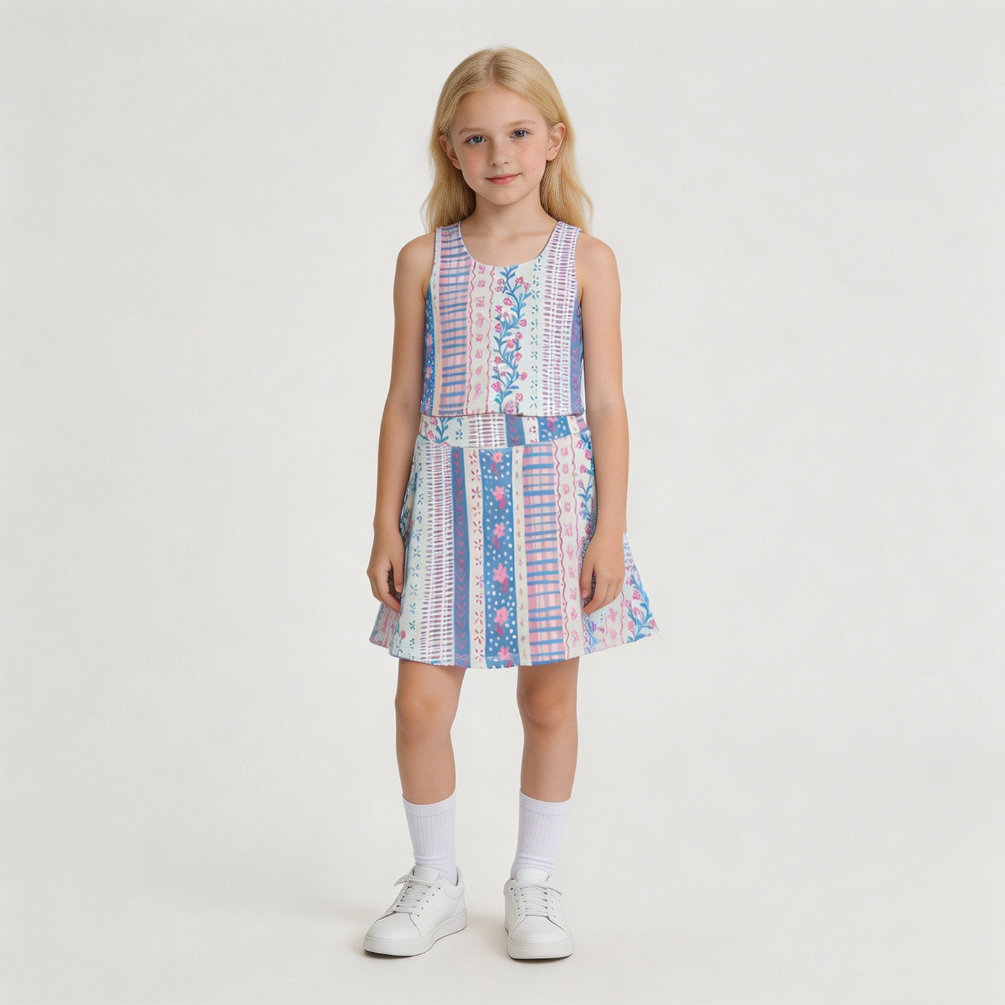 GSD1995 RTS NO MOQ （In stock）Sleeveless pink blue floral top skirt girls activewear set