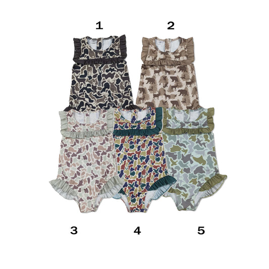 RTS Sibling Ruffle camo hunting baby girls one piece swimsuit