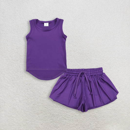 3.4 RTS NO MOQ （In stock）GT0996 + SS0602 Baby Girls Purple Sleeveless Yoga Active Tee Shirts Vests Yoga Shorts Bottoms
