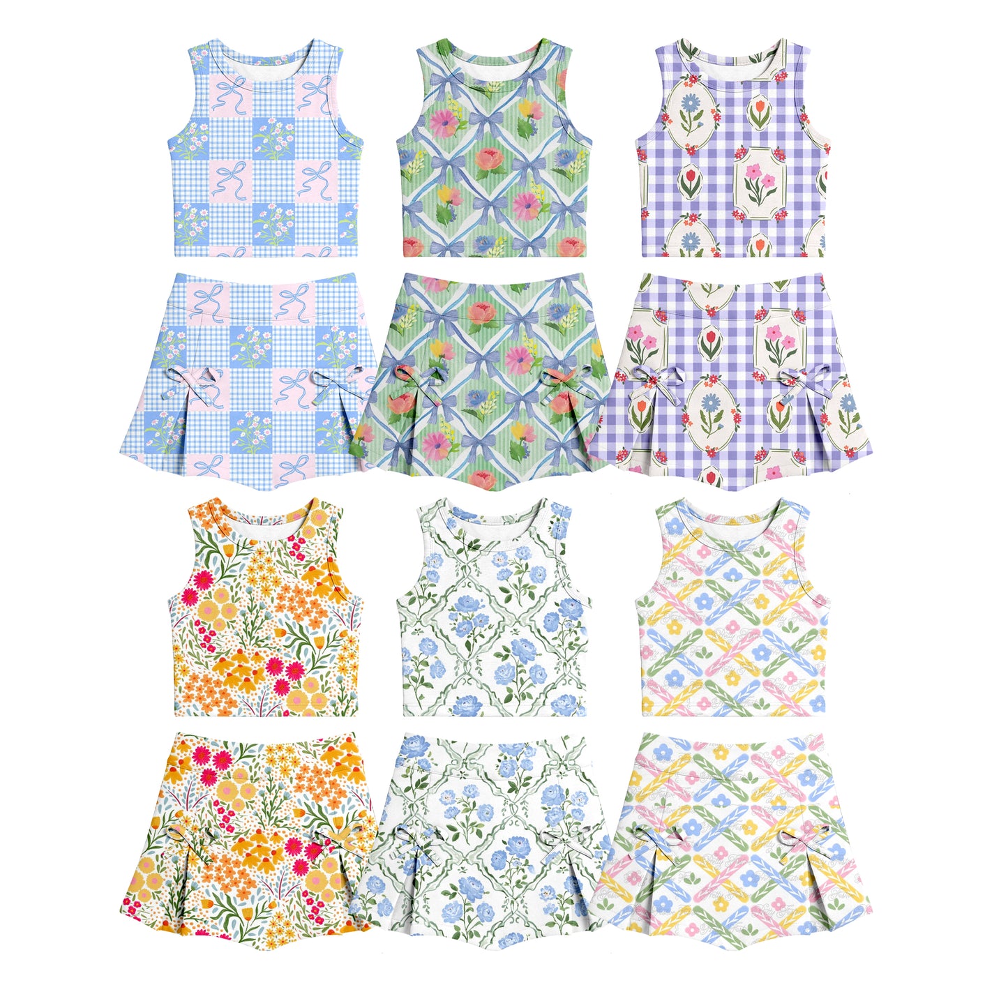 CUSTOM MOQ 5 Sibling Baby Girls Summer Flowers Top Skirt Yoga Activewear Clothes Sets