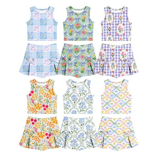 CUSTOM MOQ 5 Sibling Baby Girls Summer Flowers Top Skirt Yoga Activewear Clothes Sets