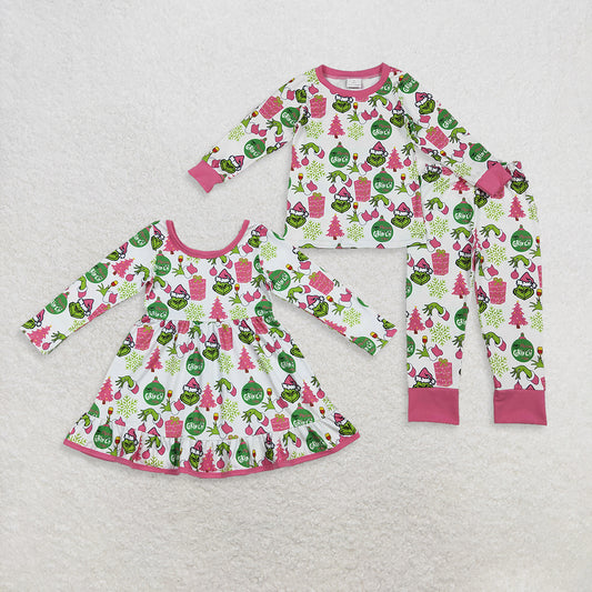 RTS Sibling Baby Girls Winter Outfits Kids Girls Green Long Sleeve Christmas Pajamas Dress Face Gift