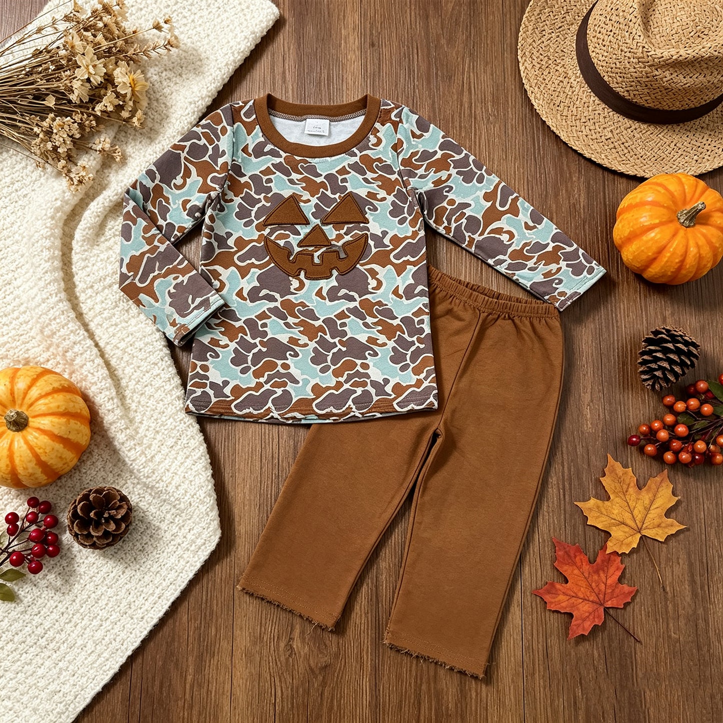 RTS NO MOQ （In stock）milk silk BLP1193 Baby Boys Western Brown Camo Ghost Pumpkin Crew Neck Long Sleeve Tee Pants Casual Clothes Set