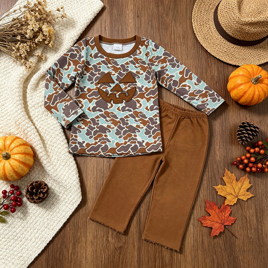 RTS NO MOQ （In stock）milk silk BLP1193 Baby Boys Western Brown Camo Ghost Pumpkin Crew Neck Long Sleeve Tee Pants Casual Clothes Set