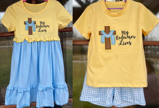 Baby Girls Easter Cross Ruffle Knee-Length Dress and Short Sleeve Shorts Set