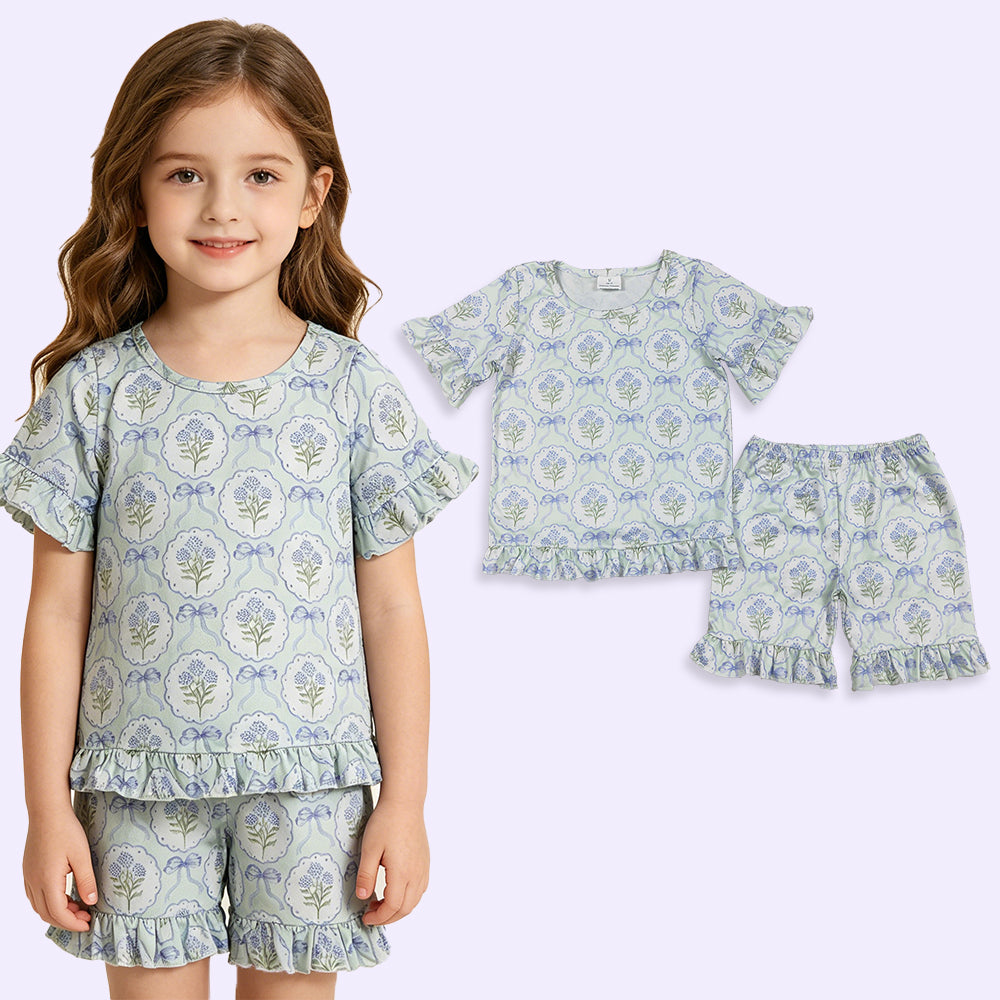 GSSO3323 RTS NO MOQ （In stock ）Short sleeves floral bow ruffle top shorts girls outfits