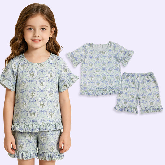 GSSO3323 RTS NO MOQ （In stock ）Short sleeves floral bow ruffle top shorts girls outfits